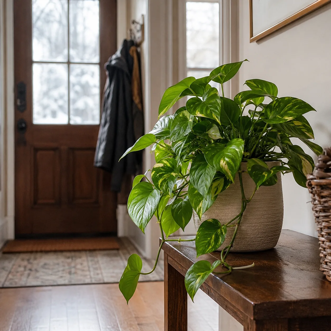 Realistic editorial photo of pothos plant moved away from cold drafty doorway in winter home, warm natural light, practi