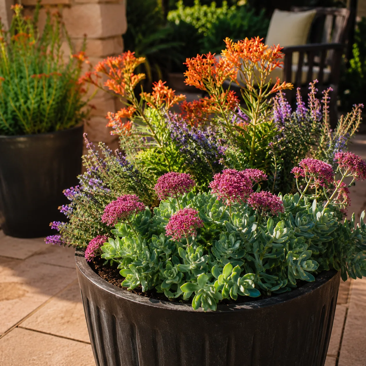 Realistic editorial photo of Sedum growing in sunny patio containers with heat tolerant flowering plants, realistic edit