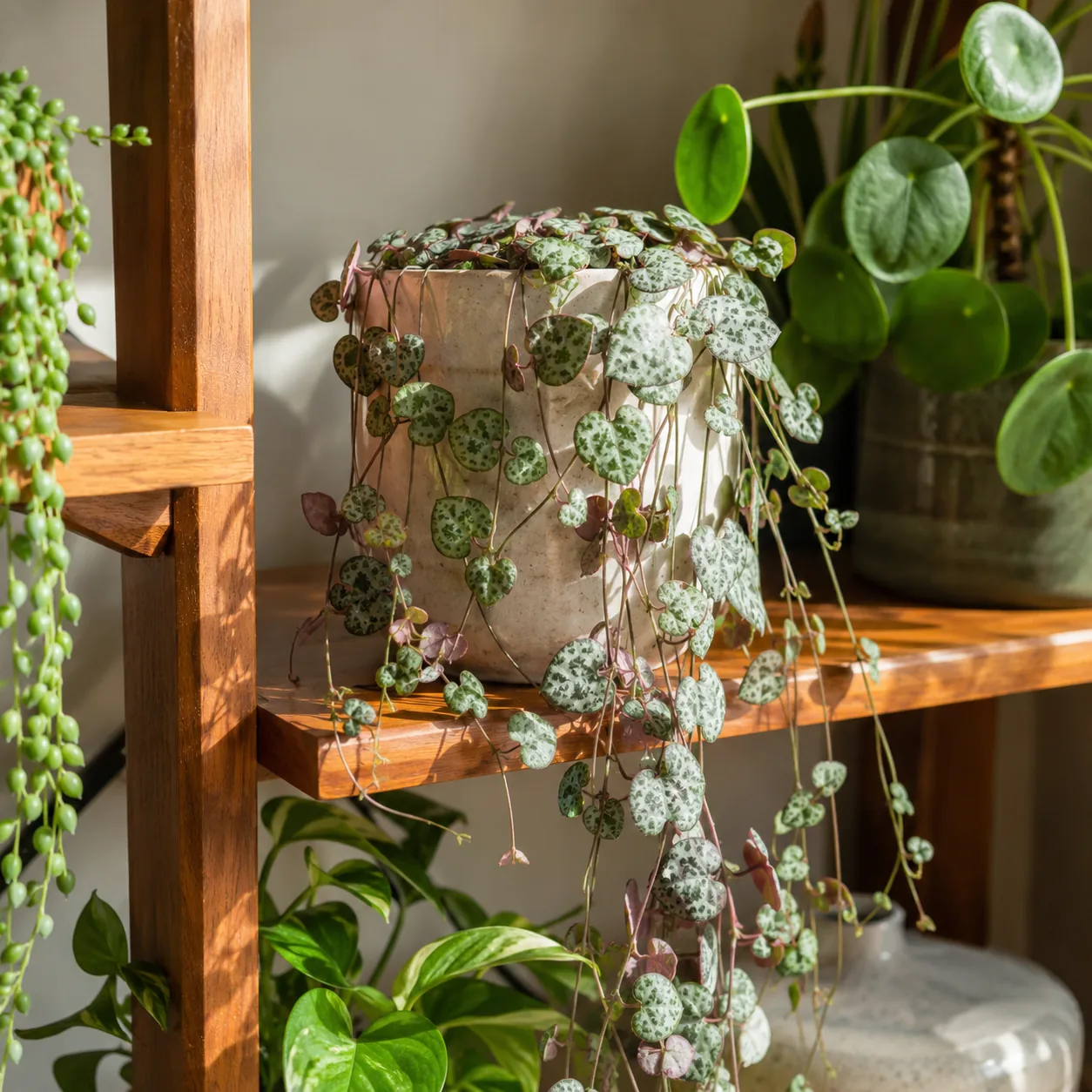 Realistic editorial photo of String of hearts growing in bright indoor shelf with low maintenance houseplants, realistic