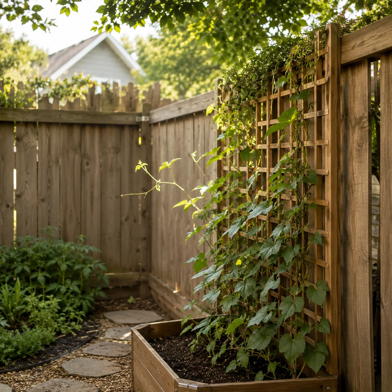Realistic editorial photo of train vines upward in small fenced backyard, realistic editorial photo, natural light, 1:1 