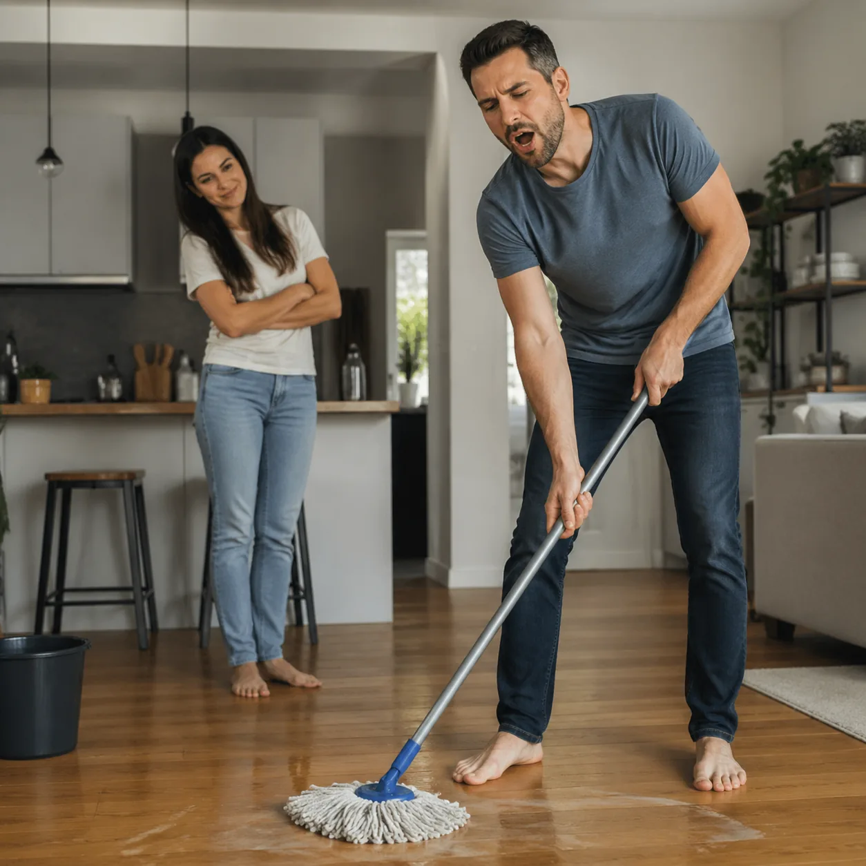 Realistic lifestyle photo of a husband mopping a floor while letting out a dramatic sigh, wife watching with amusement