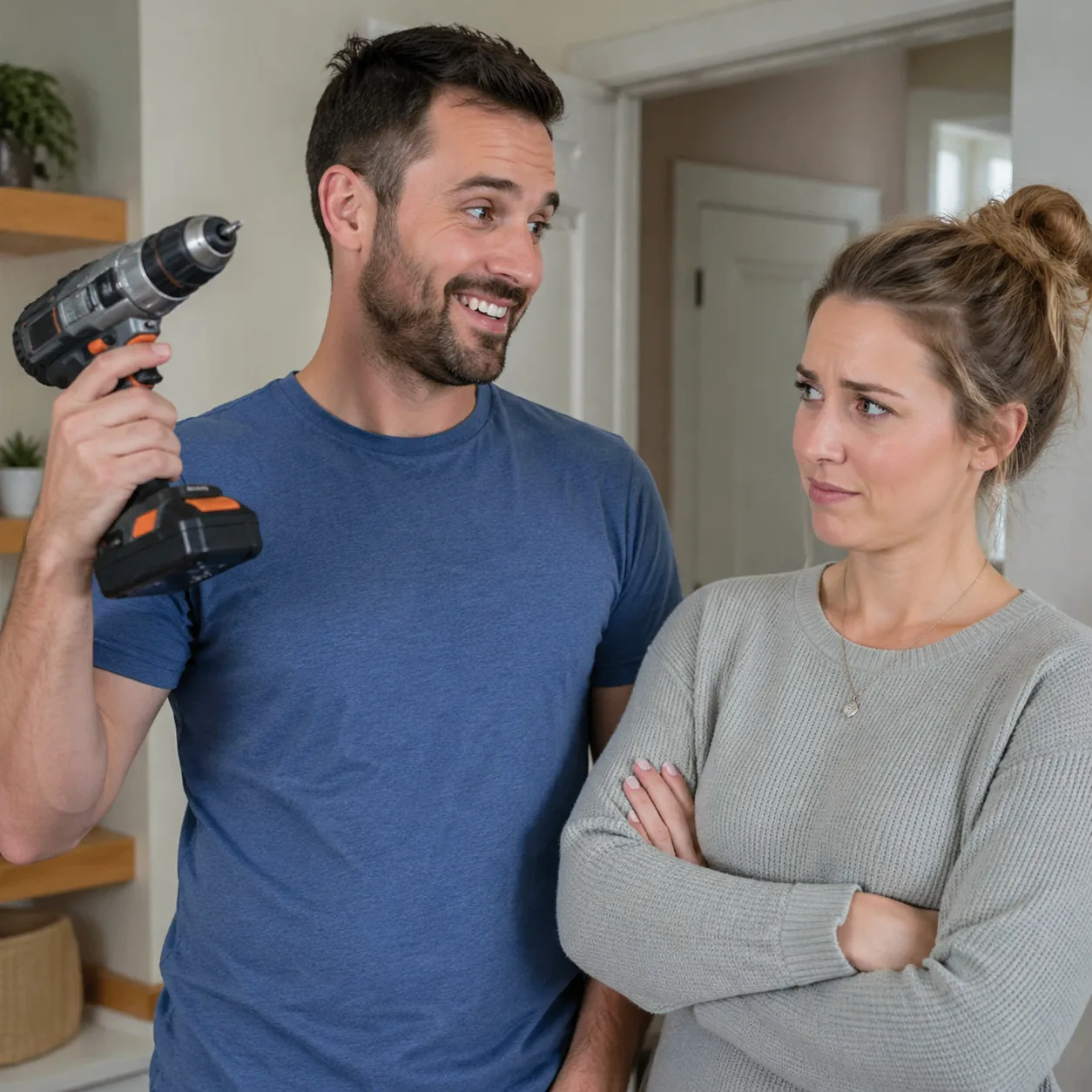 Realistic lifestyle photo of a husband proudly displaying a new tool or gadget while his wife glances at it skeptically