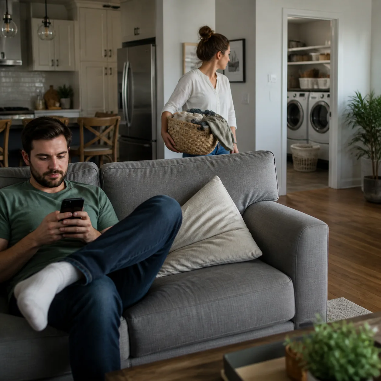 Realistic photo of a wife suddenly looking toward a laundry room from across the house while husband remains unaware on 