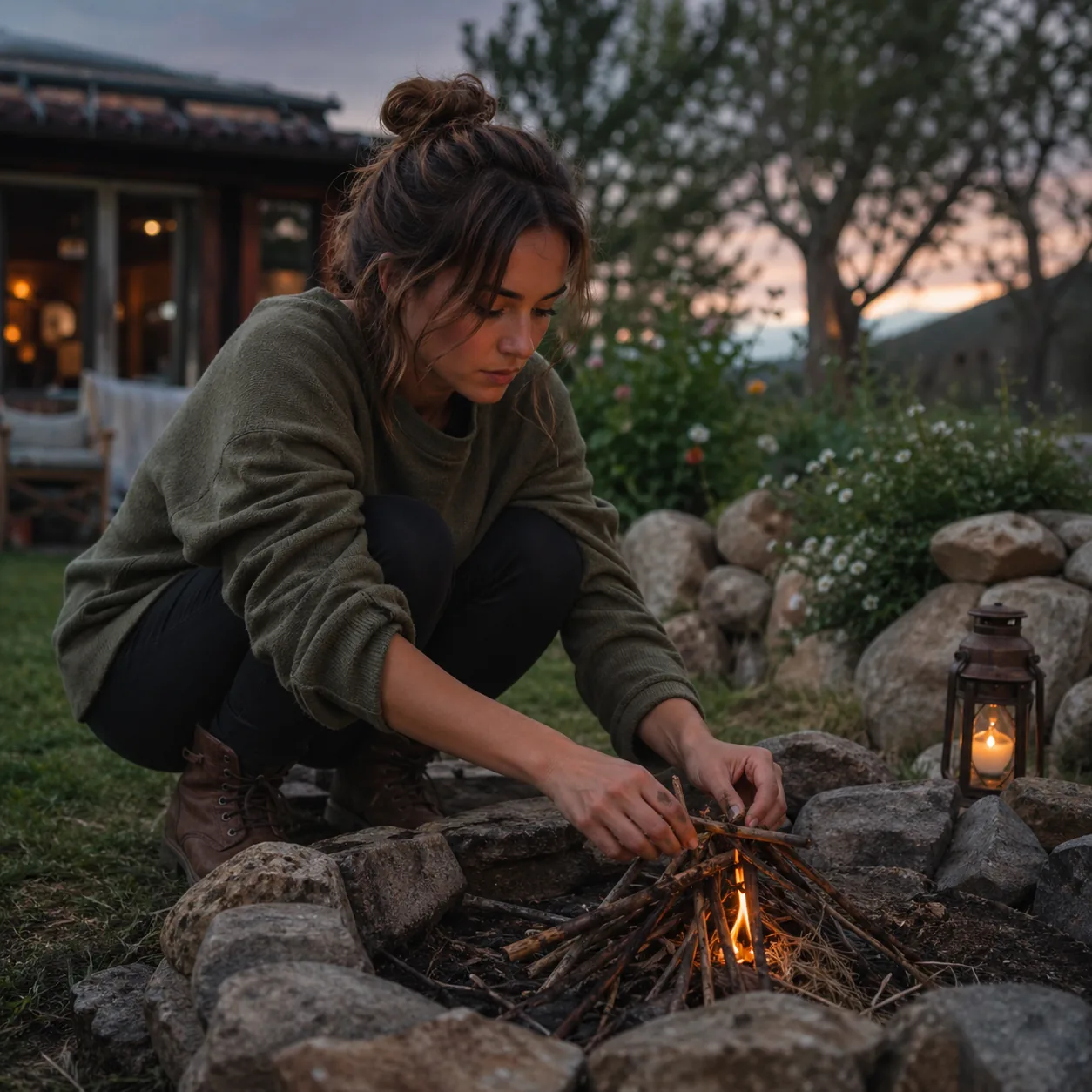 Warm editorial photo of a young woman crouching beside a stone fire pit in a backyard, carefully arranging kindling and 