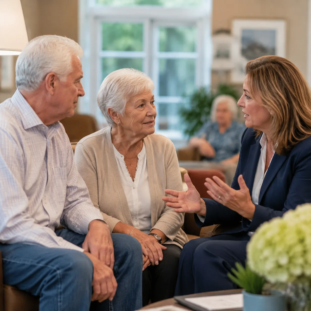 adult child asking assisted living director about aging in place in resident lounge, realistic editorial lifestyle photo