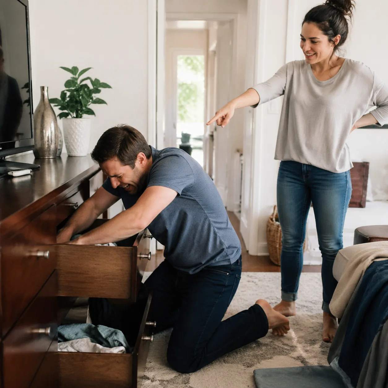 Funny realistic lifestyle photo of a husband searching frantically through drawers while his wife points casually to a v
