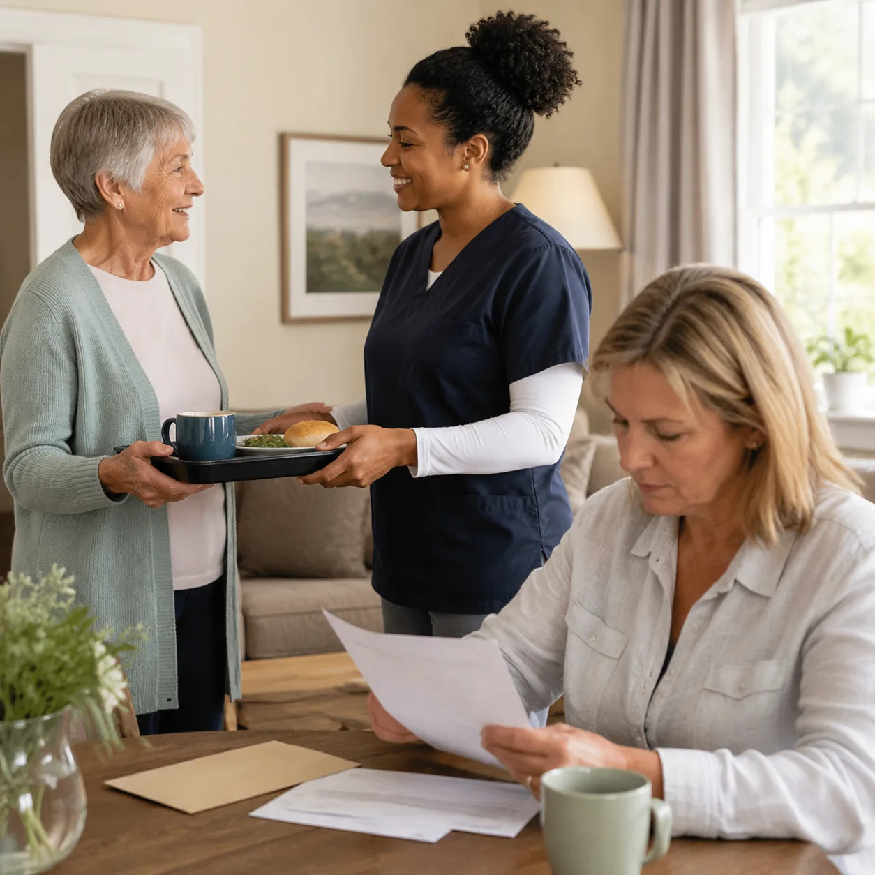 meal tray delivered to assisted living apartment while daughter checks monthly bill, realistic editorial lifestyle photo