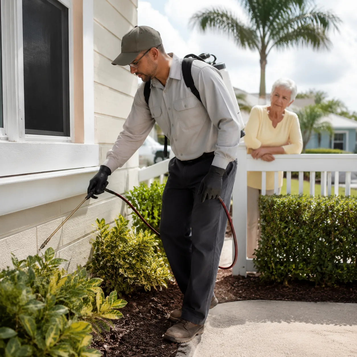 pest control worker outside Florida retirement home while older homeowner watches, realistic editorial lifestyle photogr