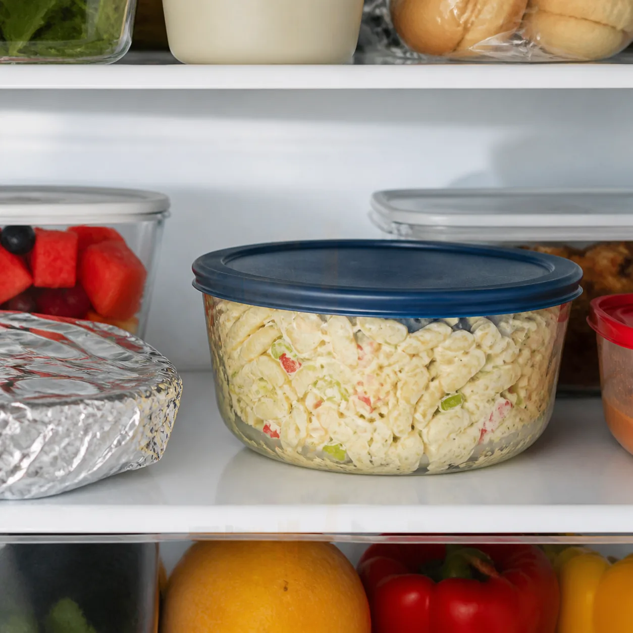 Realistic editorial photo of a bowl of creamy pasta salad in a sealed container on a refrigerator shelf, picnic leftover