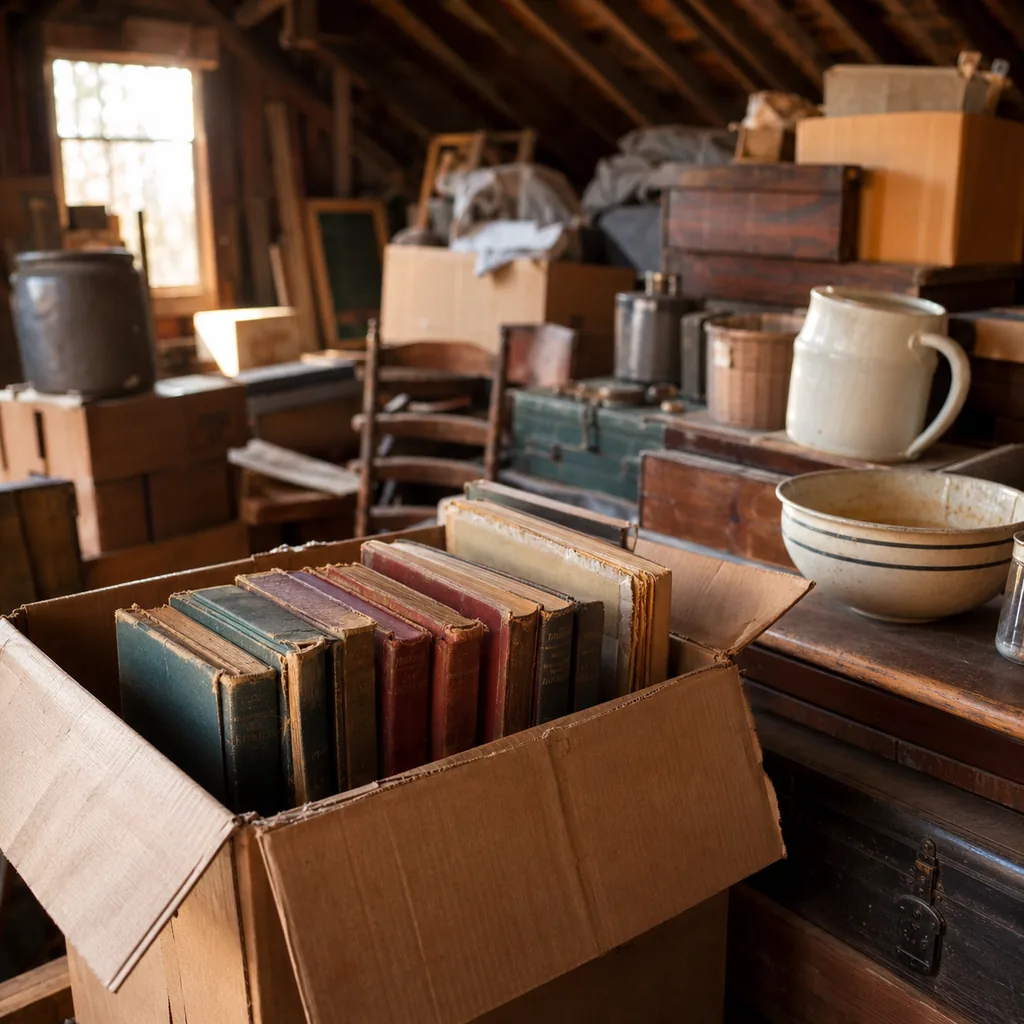 Realistic editorial photo of a dusty attic with boxes, old furniture, vintage kitchenware, and warm window light showing first-edition or local history books