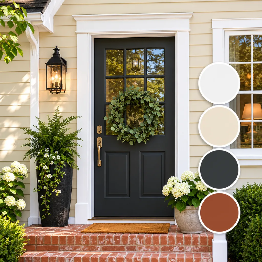 Realistic editorial photo of a front entry with door paint samples, brick, siding, plants, and trim showing pure white exterior trim on cream siding