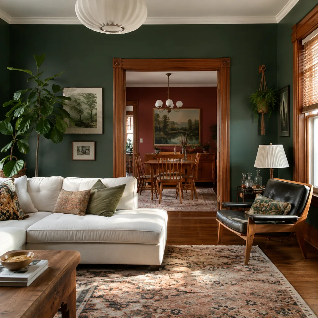 Realistic editorial photo of a home interior with vintage decor, modern furniture, warm wood, patterned accents, and layered lighting showing color-drenched roo