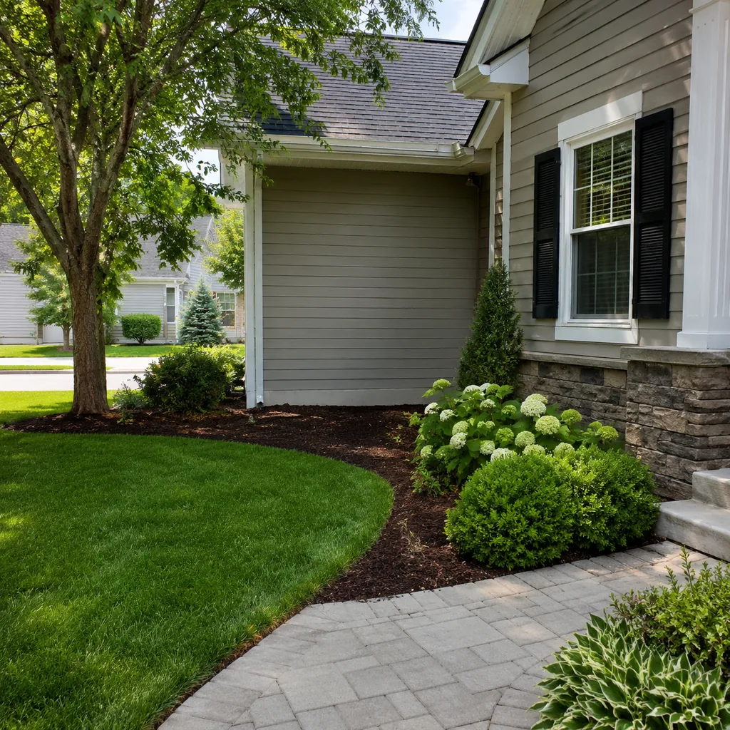 Realistic editorial photo of a landscaped American front yard with lawn, shrubs, mulch beds, trees, walkway, and house exterior showing bare corner that needs a