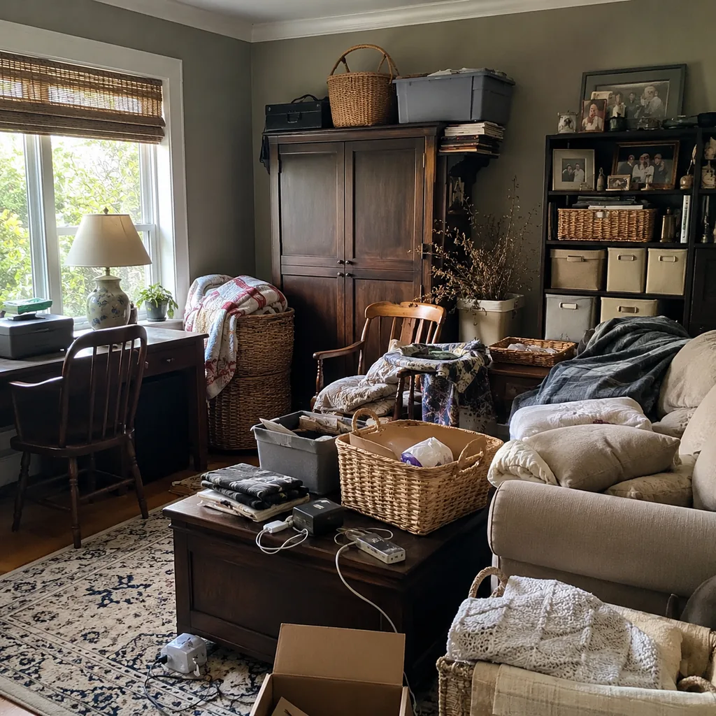 Realistic editorial photo of a living room with crowded surfaces, extra chairs, baskets, blankets, cords, and storage furniture showing guest room becoming a ho