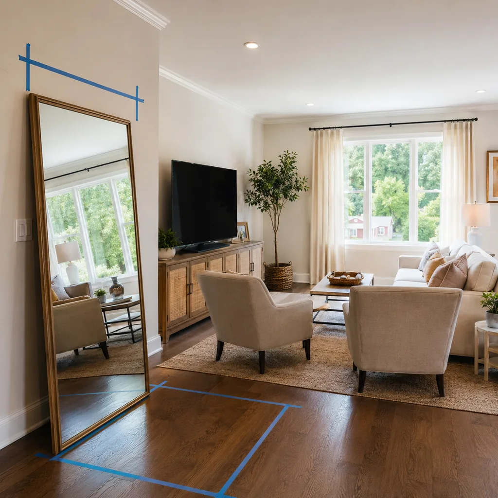 Realistic editorial photo of a living room with sofa, chairs, rug, TV, windows, and taped layout marks showing mirror placed to borrow light