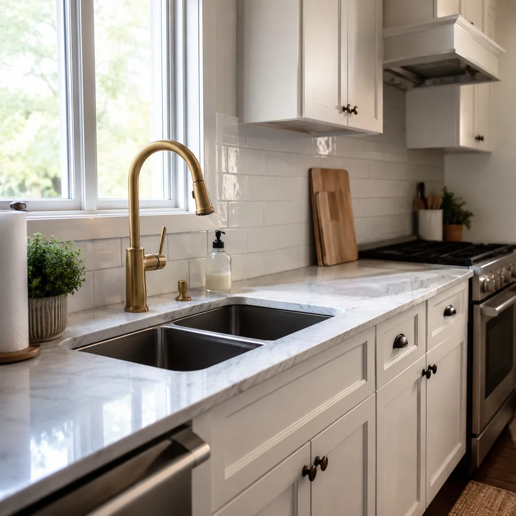 Realistic editorial photo of a realistic American kitchen with sink, cabinets, appliances, counters, and inspection details showing faucet finish that clashes w