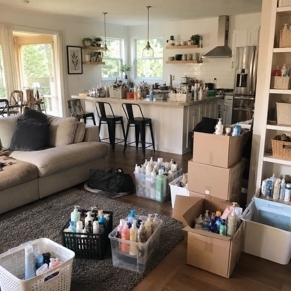 Realistic editorial photo of a realistic cluttered living room and kitchen area with boxes, counters, shelves, and organizing bins showing bathroom products kep