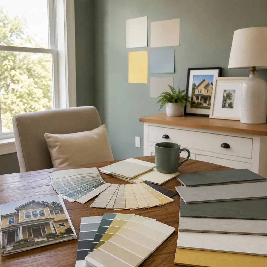 Realistic editorial photo of a room with paint swatches, sample boards, wall colors, trim, furniture, and daylight showing yellow exteriors buyers read as risky