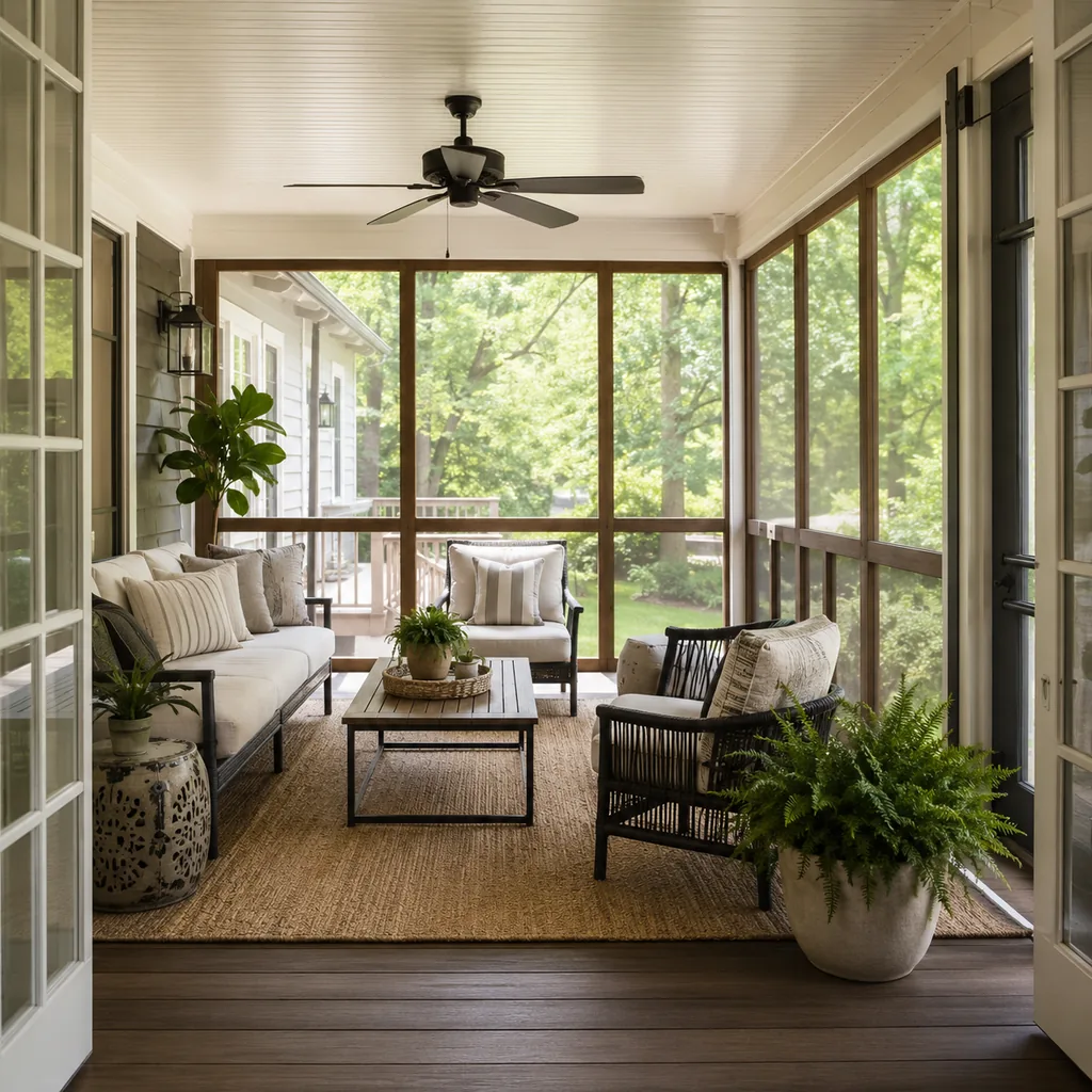 Realistic editorial photo of a screened porch with sofa, chairs, rug, plants, ceiling fan, screens, and soft daylight showing enough negative space around the e