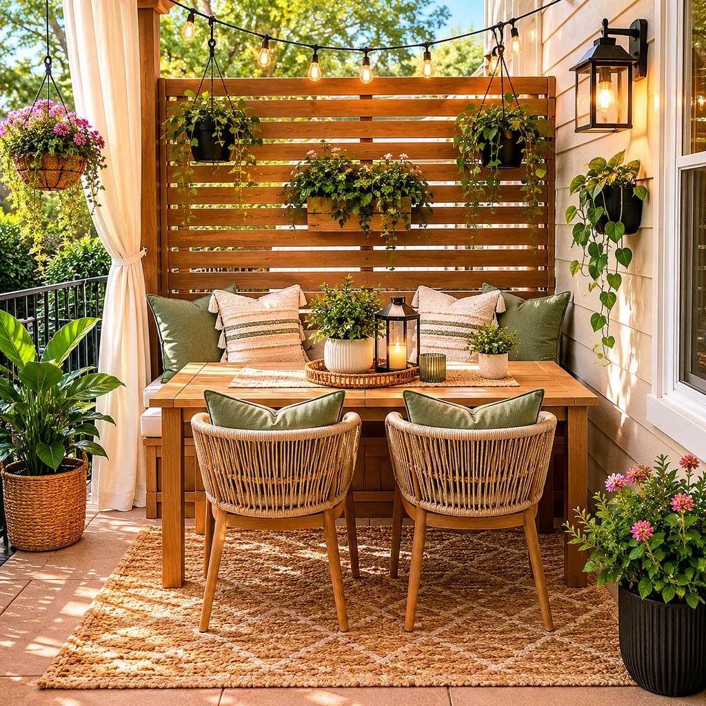 Realistic editorial photo of a small patio with compact seating, outdoor rug, plants, side table, curtains, and privacy screen showing dining zone without chair