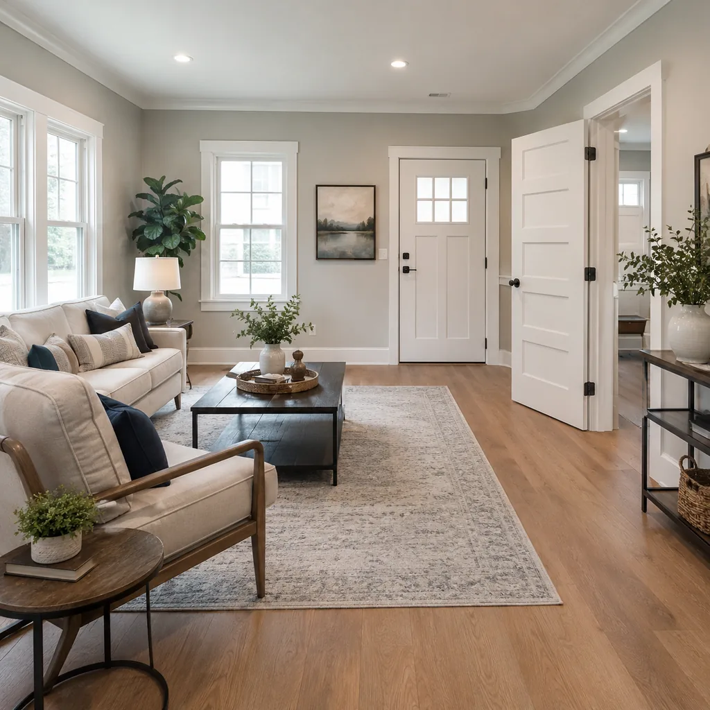 Realistic editorial photo of a staged American living room with sofa, rug, windows, lighting, and buyer-facing details showing layout that leaves door swings cl