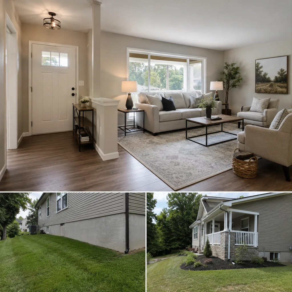 Realistic editorial photo of a staged home interior with living room, entry, lighting, furniture placement, and listing-photo details showing yard sloping towar