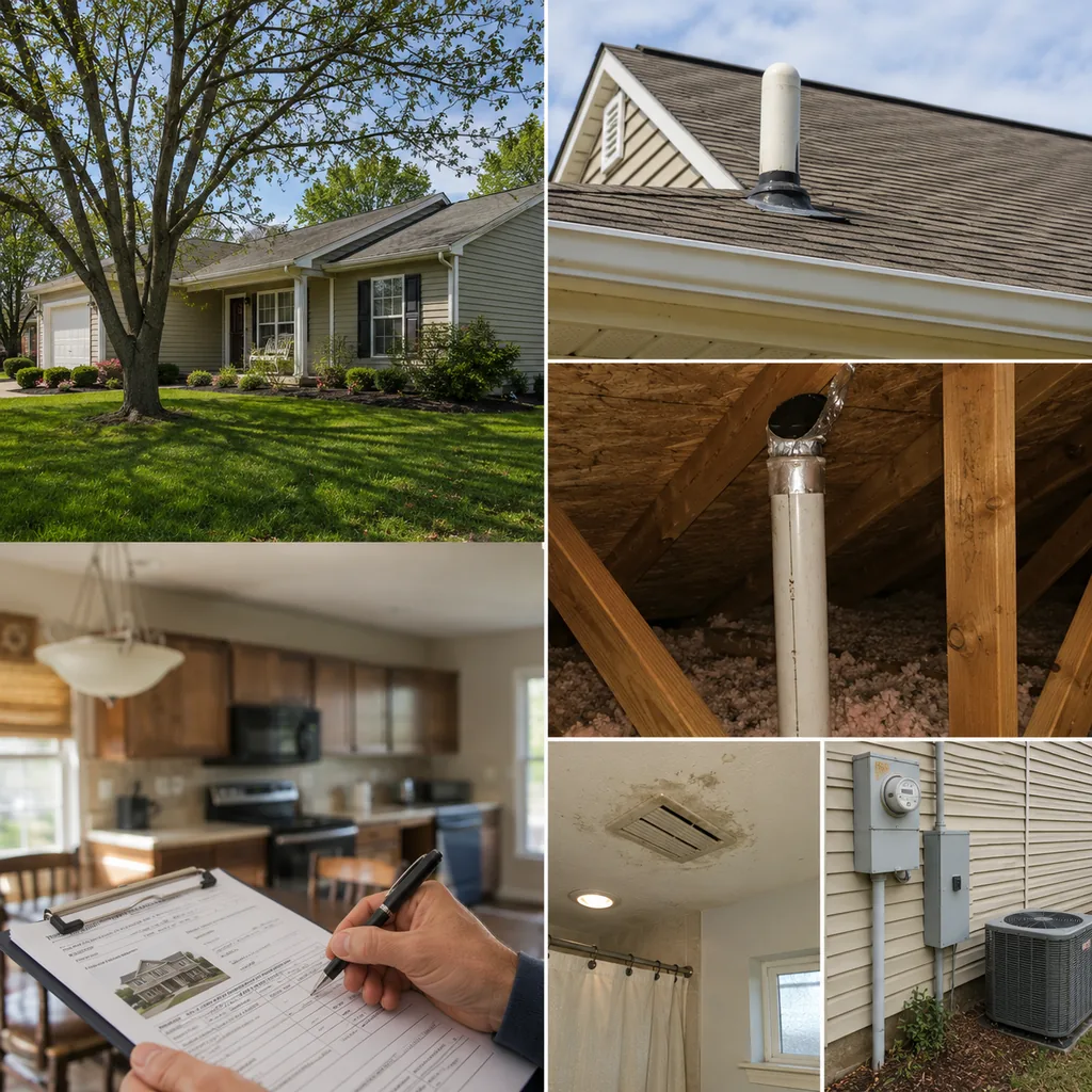 Realistic editorial photo of a suburban American home with appraisal paperwork, exterior details, utilities, and interior repair clues showing bathroom fans ven