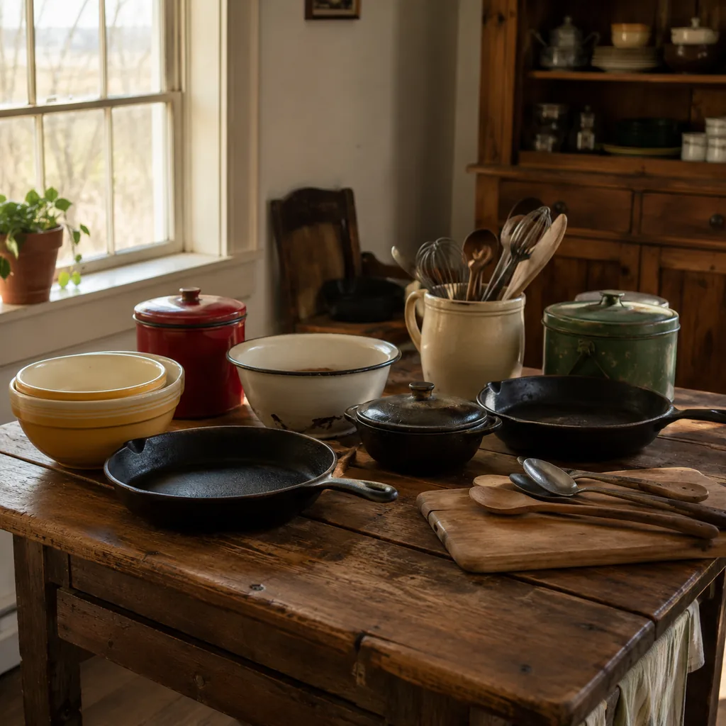 Realistic editorial photo of a vintage kitchen table with bowls, enamel cookware, utensils, tins, and warm window light showing heavy cast-iron pans