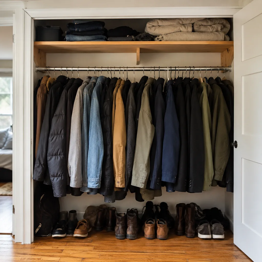 Realistic editorial photo of an American closet showing using cheap rods for heavy clothes