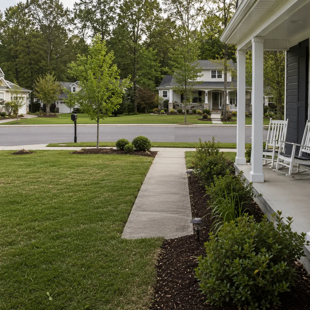 Realistic editorial photo of an American front yard with lawn, shrubs, walkway, mulch beds, trees, and a front porch showing no sound buffer from the street