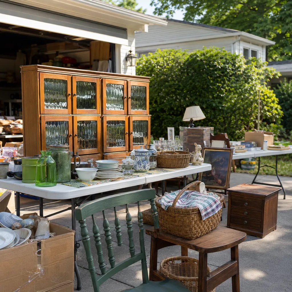 Realistic editorial photo of an American garage sale with folding tables, boxes, old kitchen items, furniture, and collectibles showing cabinets with wavy glass