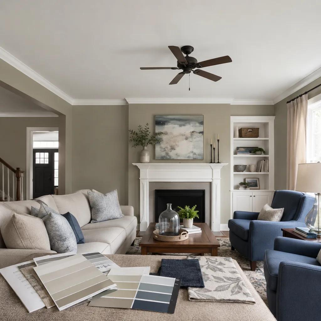 Realistic editorial photo of an American living room with paint swatches, sofa fabric, wall colors, and natural light showing ceilings left too stark