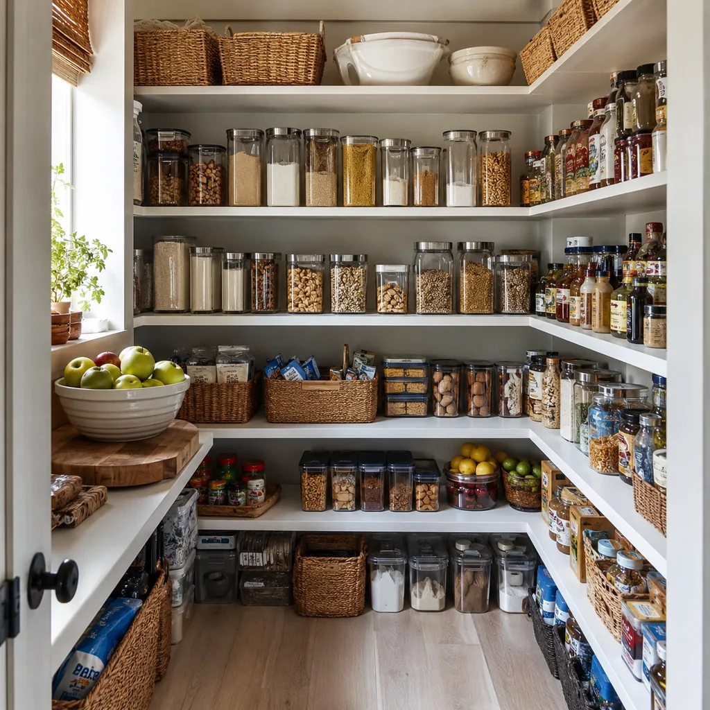 Realistic editorial photo of an American walk-in pantry showing not leaving space for growth