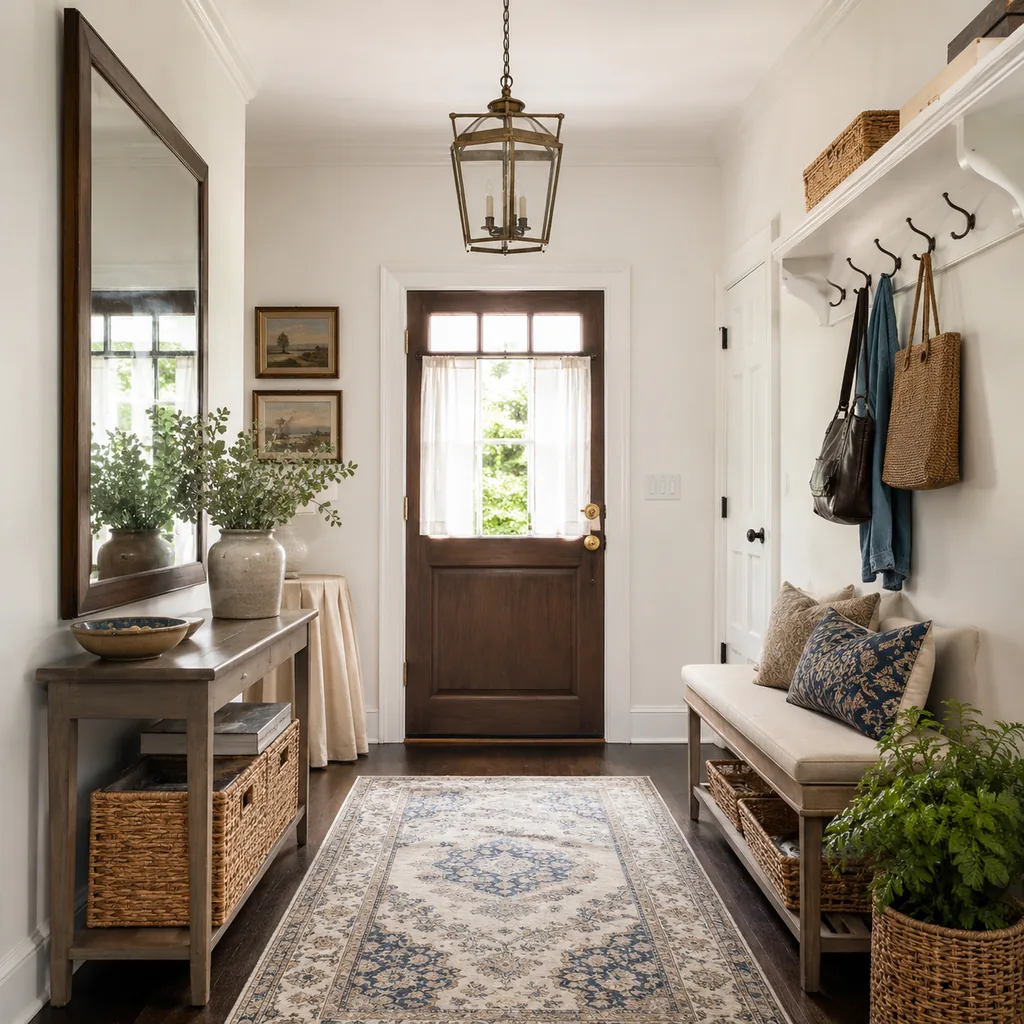 Realistic editorial photo of an entryway with console table, mirror, bench, hooks, rug, lighting, and storage showing skirted tables used sparingly
