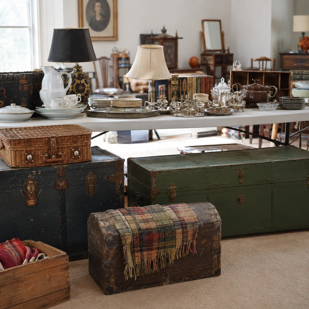 Realistic editorial photo of an estate sale table with vintage kitchenware, lamps, books, silverware, and household collectibles showing military trunks and foo