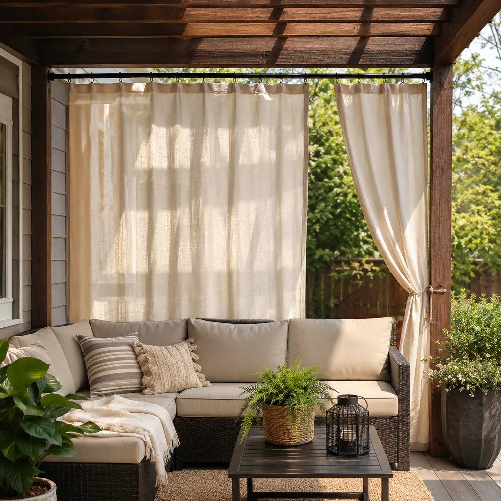 Realistic editorial photo of an outdoor patio with pergola curtains, seating, plants, fabric panels, and sunlight showing tension rod used as a permanent fix
