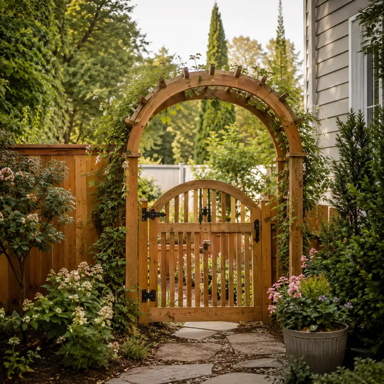 Realistic editorial photo of arbor gate focal point in an ordinary backyard needing privacy, realistic editorial photo, 