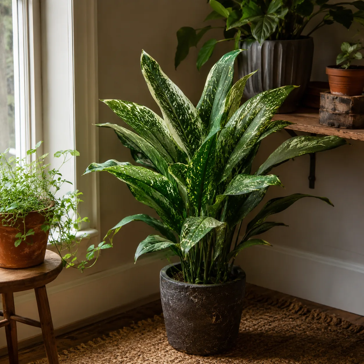 Realistic editorial photo of Aspidistra Milky Way growing in low light room corner with houseplants near a window, reali