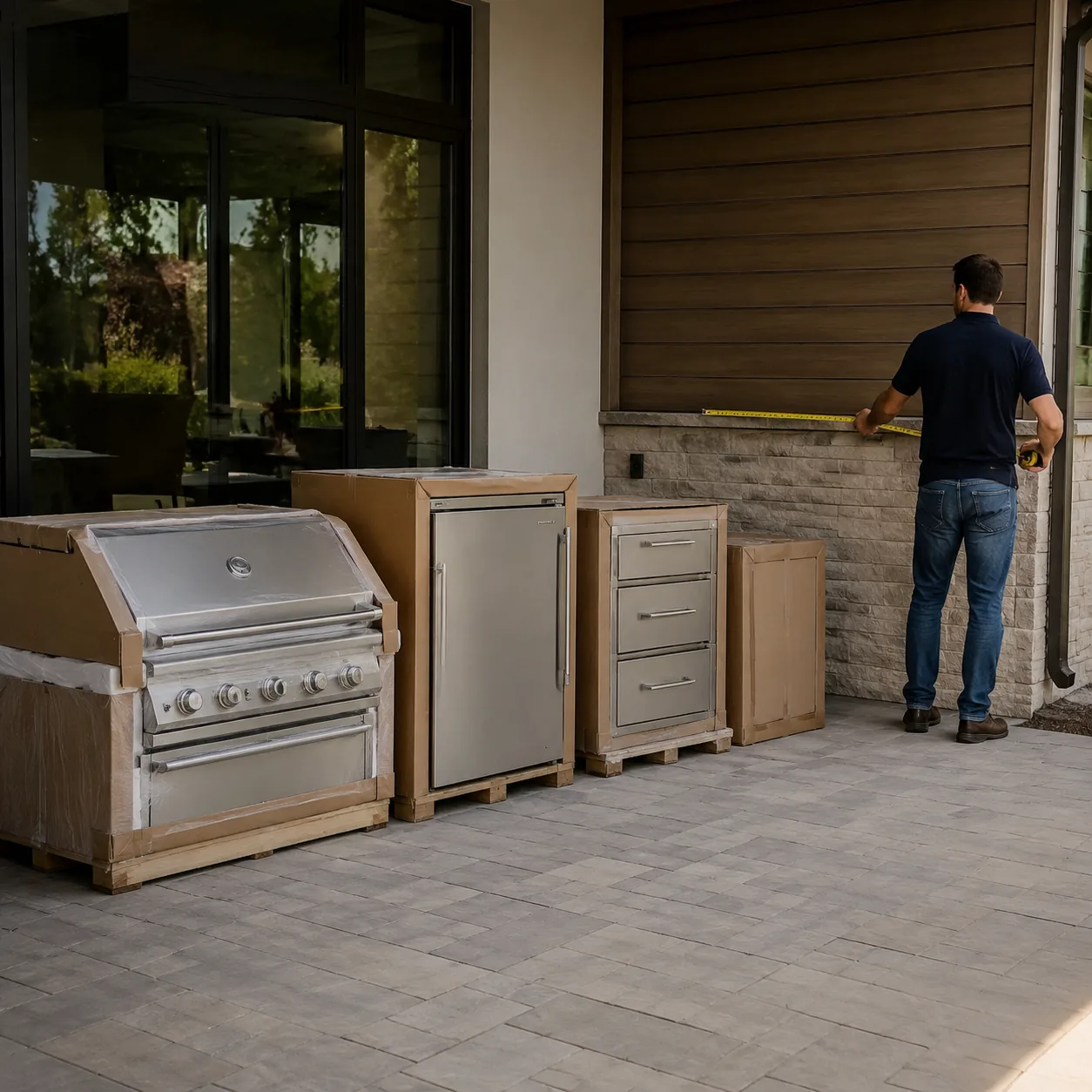 Realistic editorial photo of boxed outdoor kitchen appliances, grill, fridge, and drawers sitting on a patio before the 