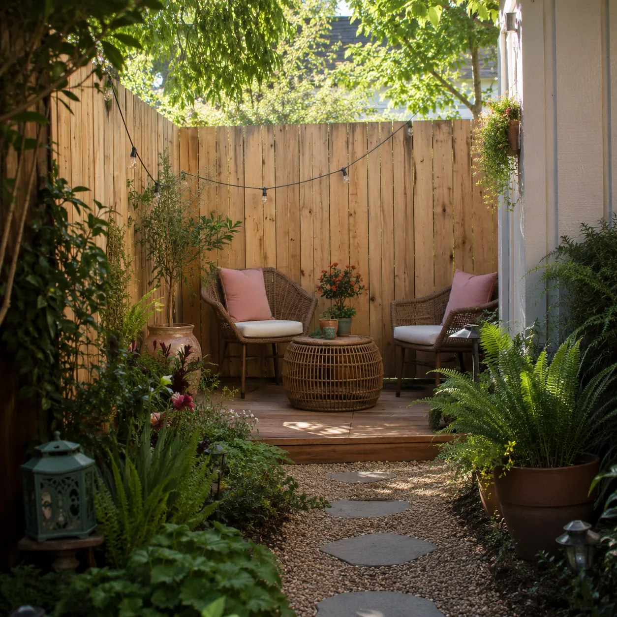 Realistic editorial photo of create a tiny destination corner in small fenced backyard, realistic editorial photo, natur