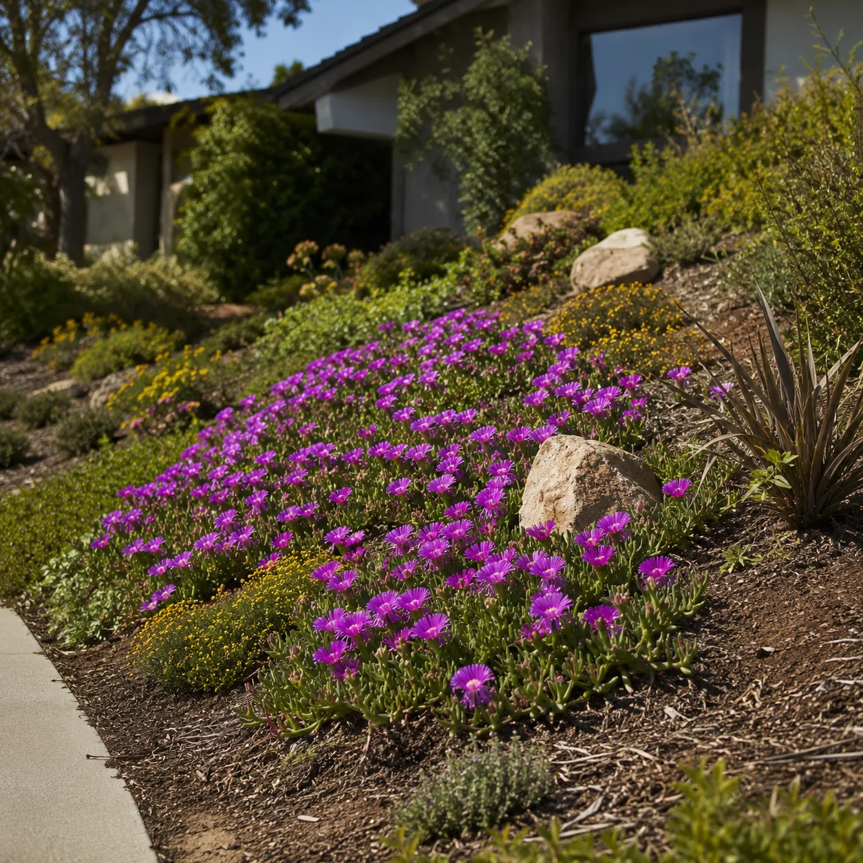 Realistic editorial photo of Ice plant in dry climates growing in sloped front yard planted with controlled ground cover