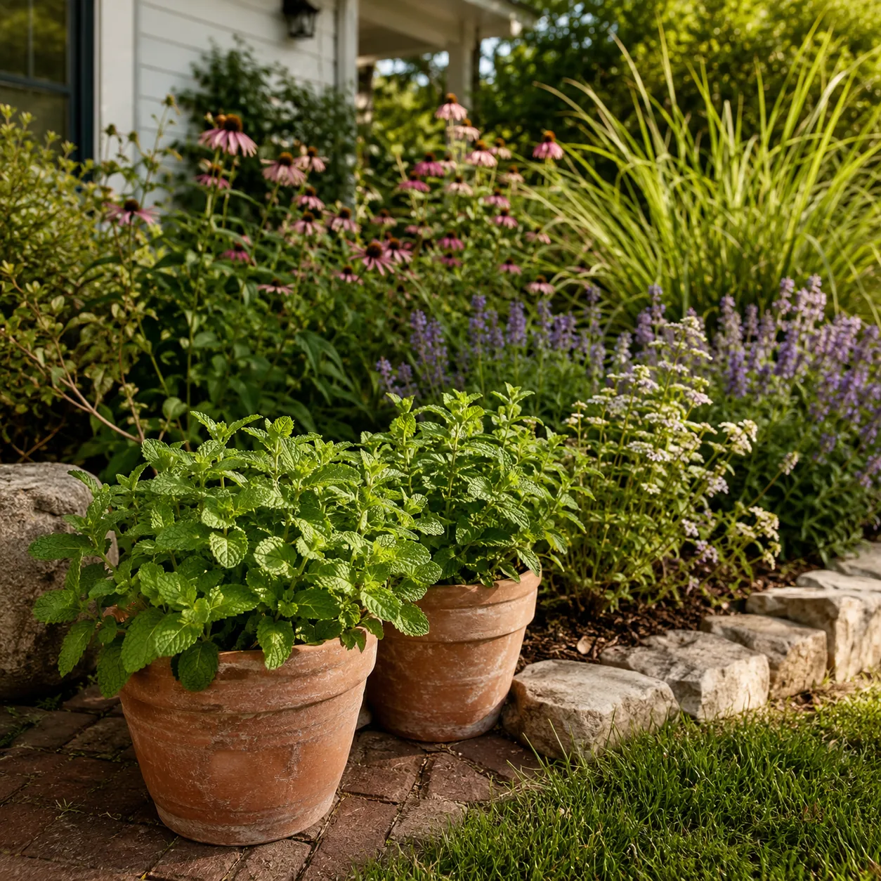 Realistic editorial photo of Mint in pots growing in front yard border with deer resistant flowering plants, realistic e