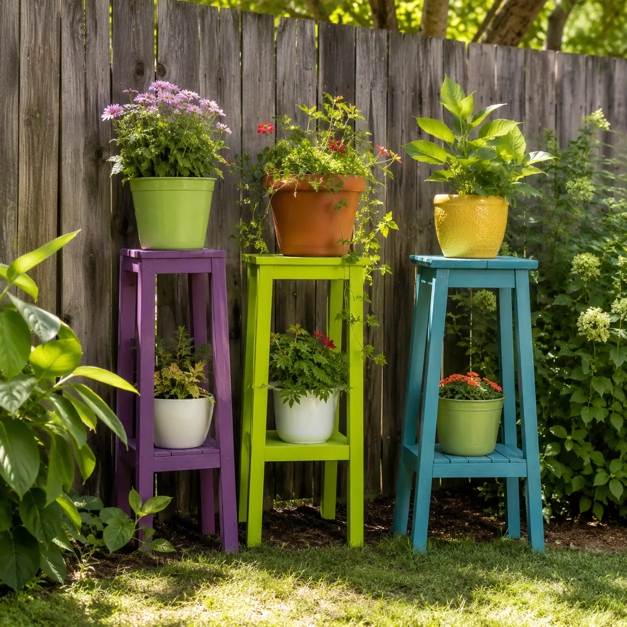 Realistic editorial photo of painted plant stands in budget backyard weekend upgrade, realistic editorial photo, natural