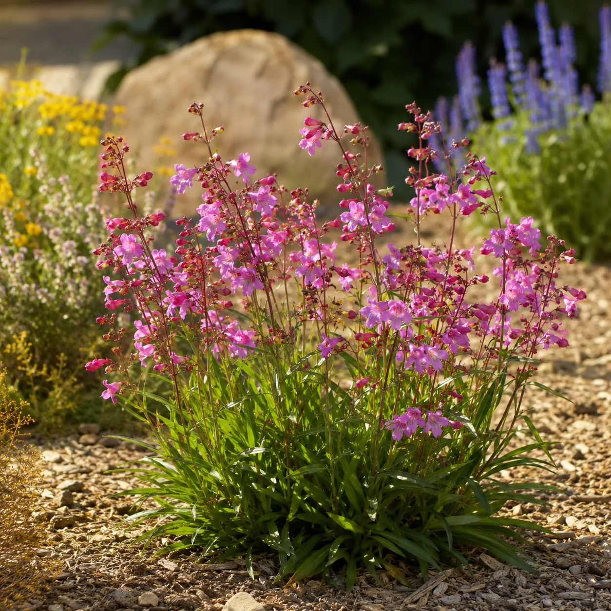 Realistic editorial photo of Penstemon growing in sunny drought tolerant flower bed in summer heat, realistic editorial 