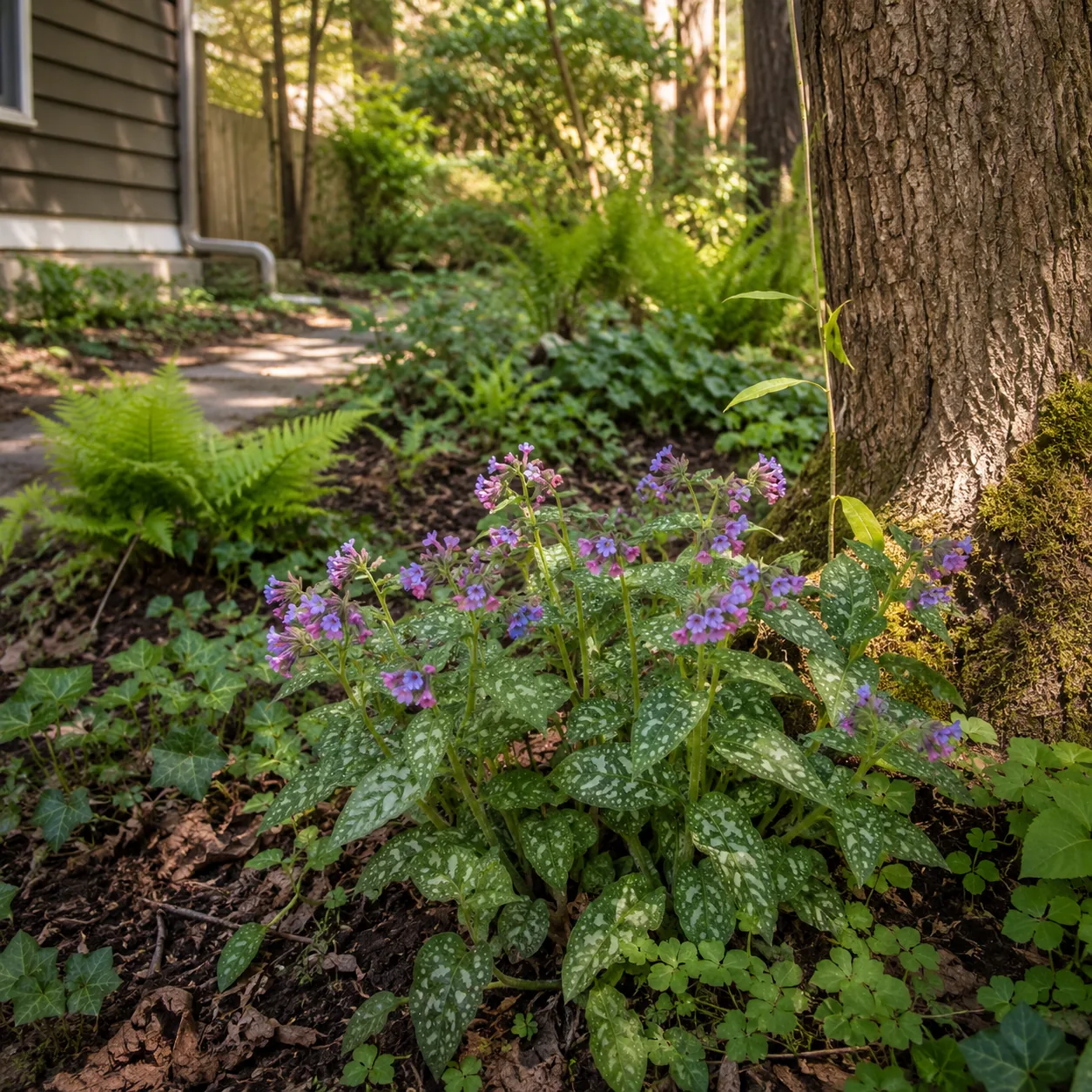 Realistic editorial photo of Pulmonaria growing in dry shady side yard under mature trees planted with shade tolerant pl