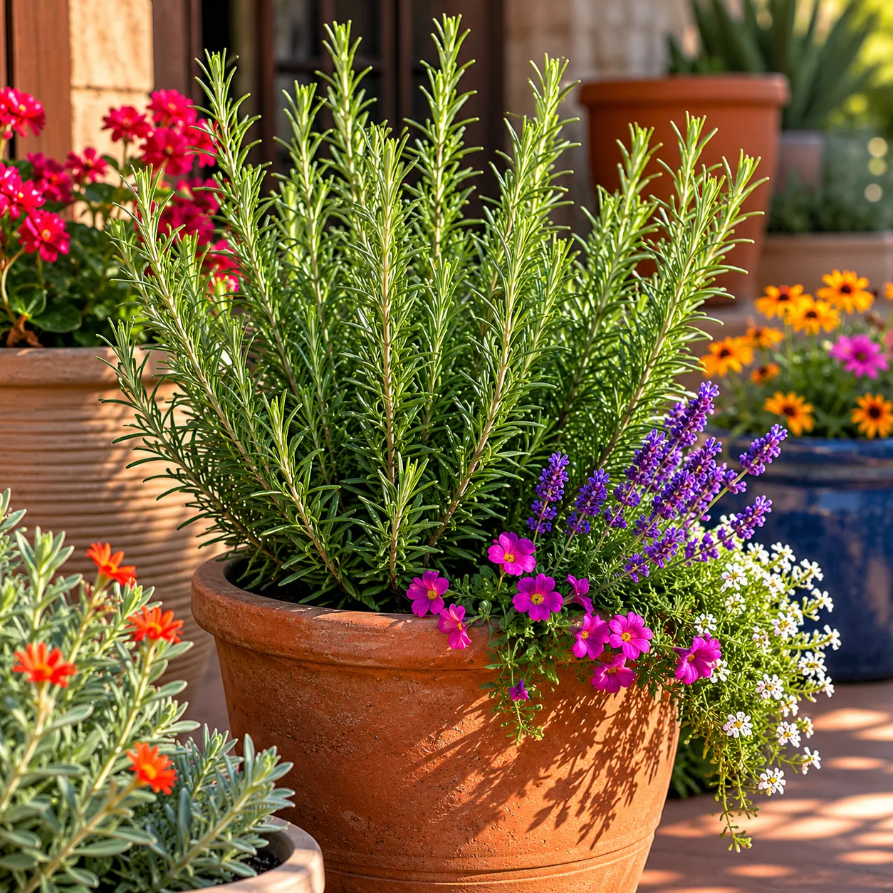 Realistic editorial photo of Rosemary growing in sunny patio containers with heat tolerant flowering plants, realistic e