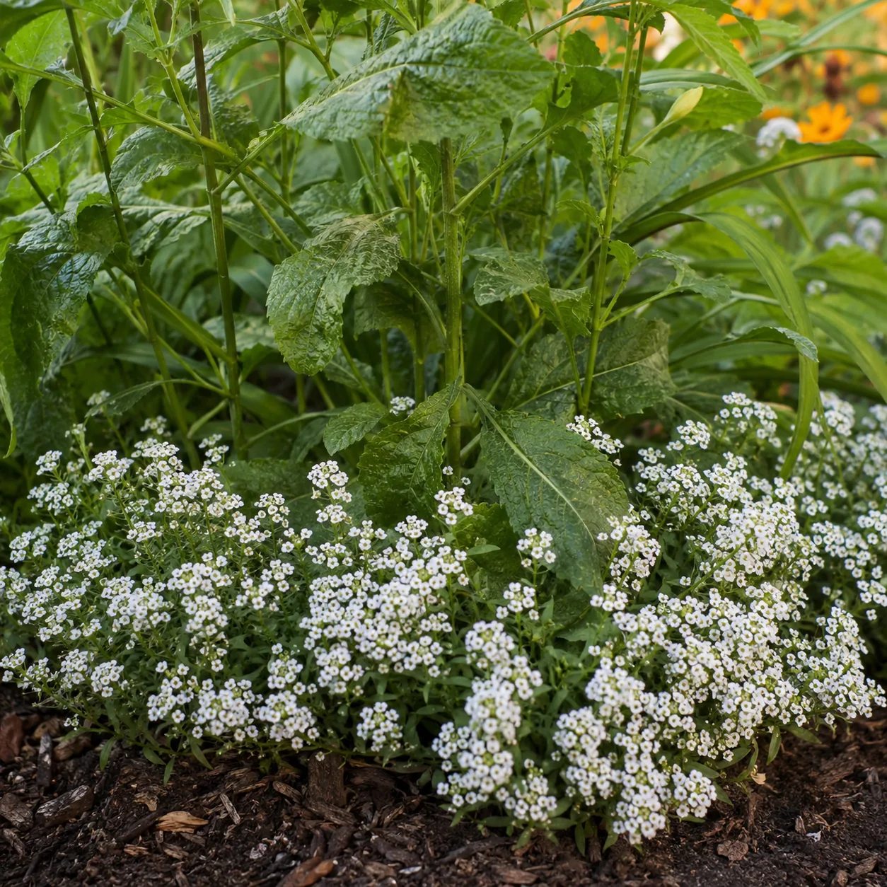Realistic editorial photo of Sweet alyssum under taller plants growing in a practical edible and flower garden, realisti