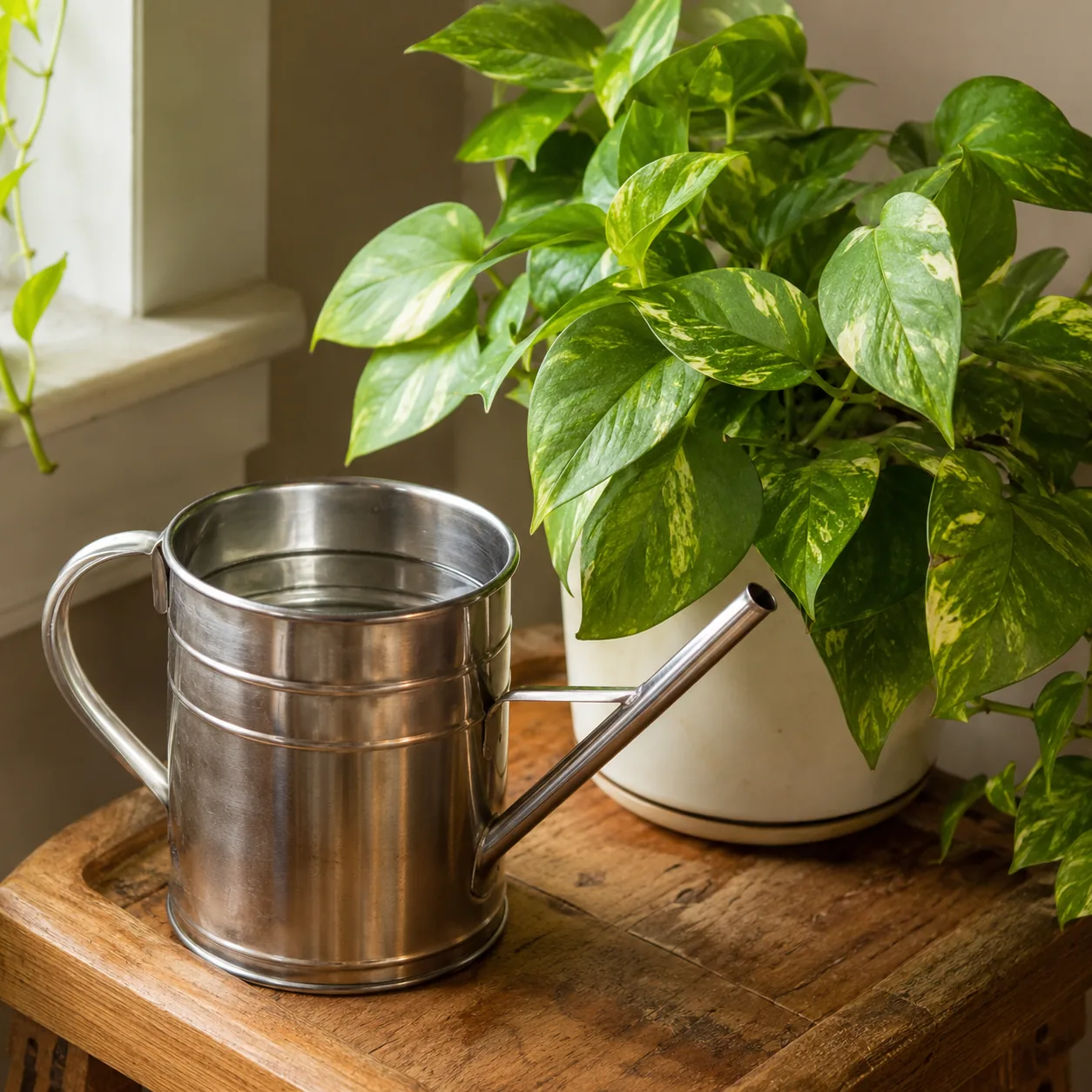 Realistic editorial photo of watering can with room temperature water beside pothos plant, warm natural light, practical