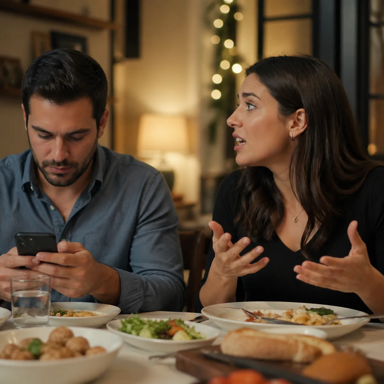 Realistic lifestyle photo of a husband glancing at his phone while his wife mid-sentence at a dinner table