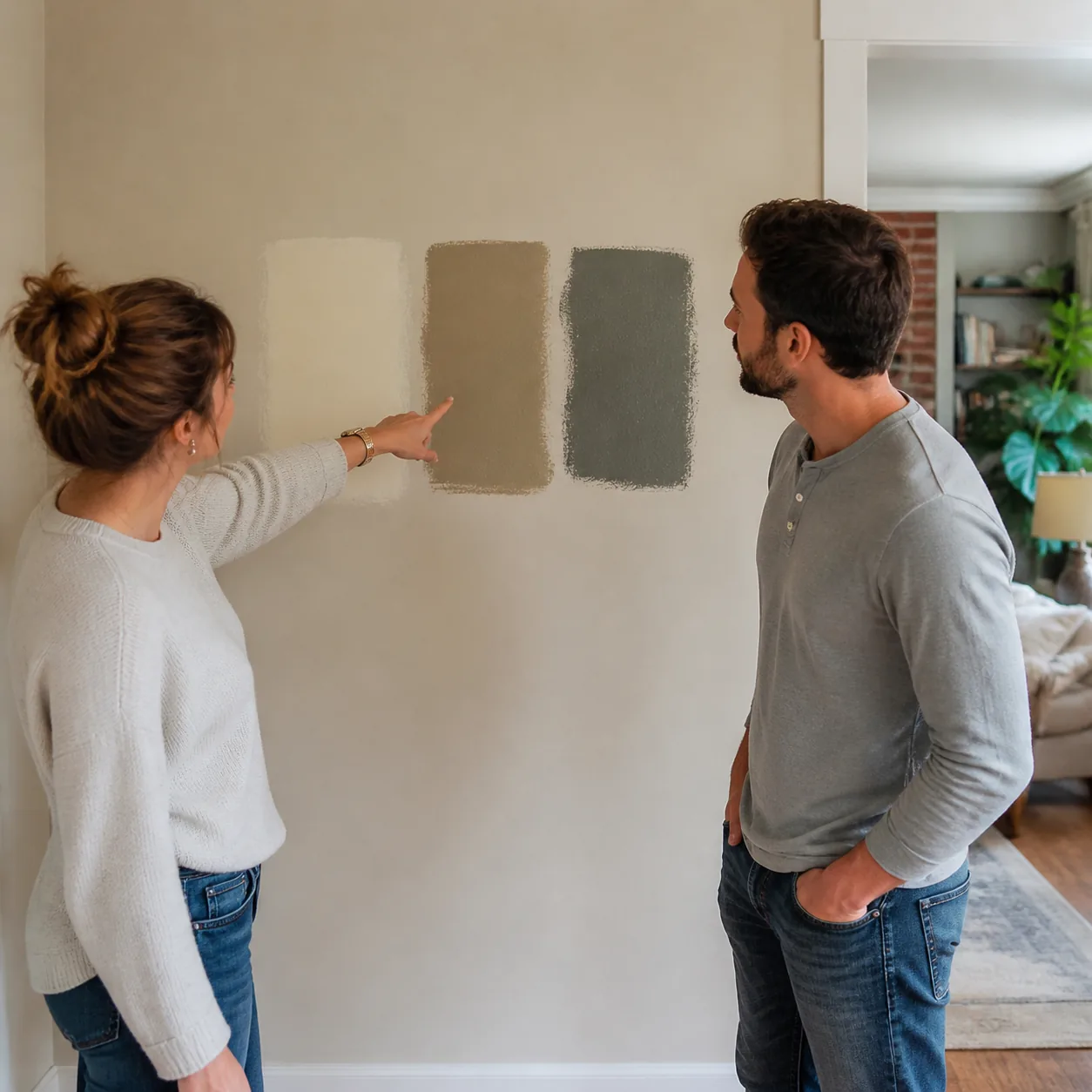 Realistic lifestyle photo of a wife pointing at a paint swatch on a wall while her husband nods politely, cozy home inte